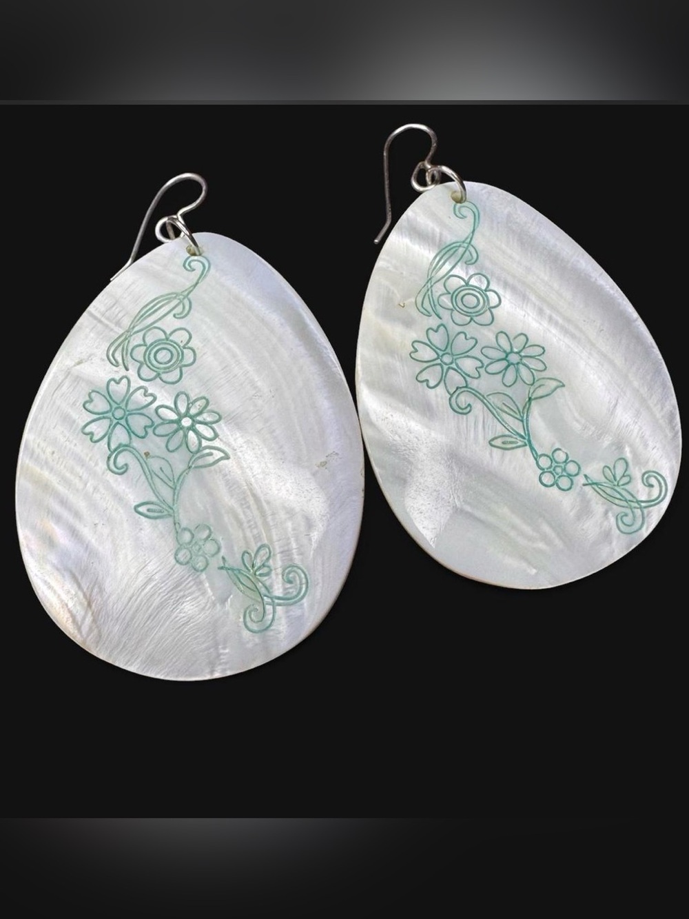 White Mother-of-Pearl Teardrop Earrings with Green Floral Etching hook closure